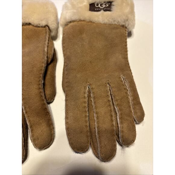 Ugg Women's Turn Cuff Sheepskin Chestnut Leather Gloves Size M - Picture 2 of 8